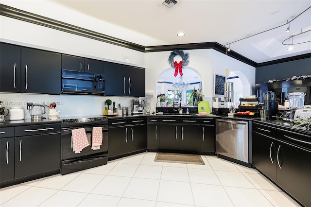 kitchen with light tile patterned flooring, ornamental molding, sink, and black appliances