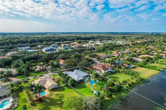 aerial view featuring a water view