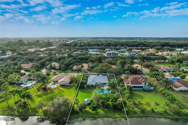 drone / aerial view featuring a water view