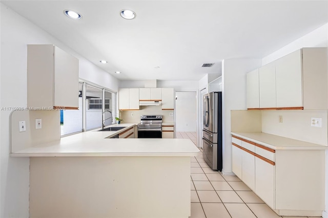 kitchen featuring sink, light tile patterned floors, appliances with stainless steel finishes, white cabinetry, and kitchen peninsula