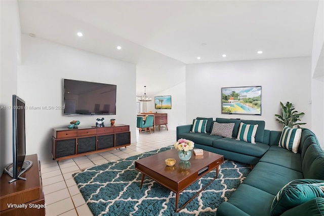 tiled living room with vaulted ceiling