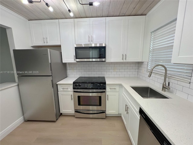 kitchen featuring white cabinetry, sink, wood ceiling, and stainless steel appliances