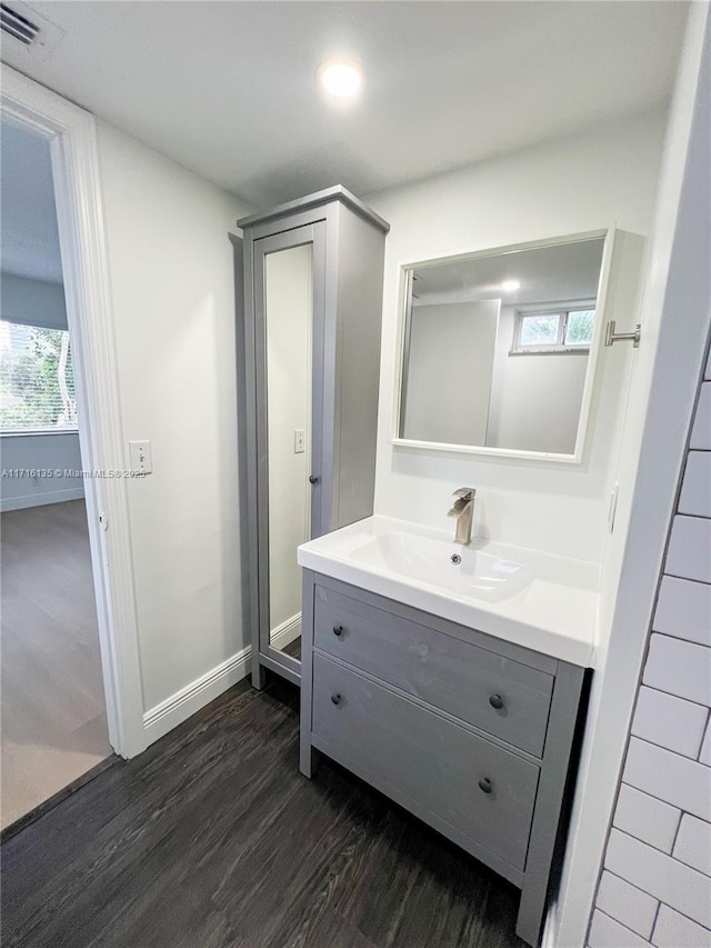 bathroom featuring wood-type flooring and vanity