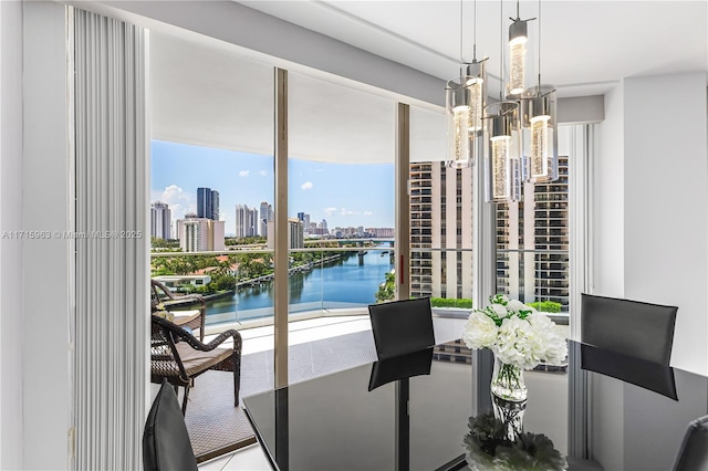 dining area featuring a water view and a healthy amount of sunlight