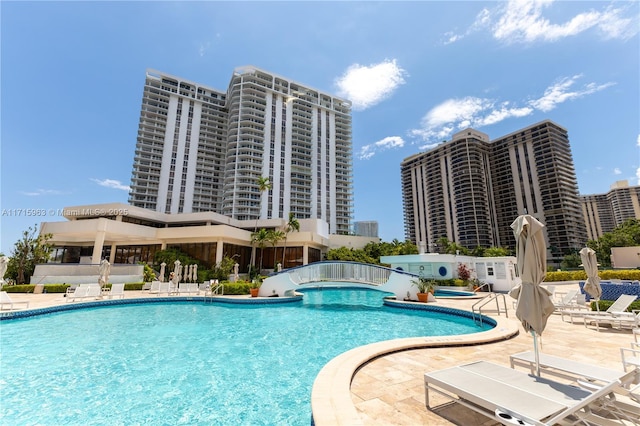 view of swimming pool with a patio