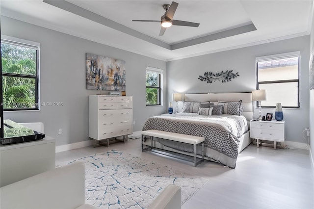 bedroom featuring a raised ceiling, ceiling fan, and ornamental molding