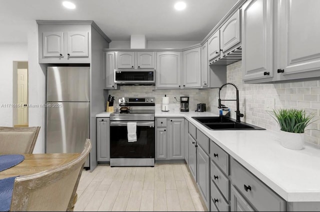 kitchen with decorative backsplash, sink, appliances with stainless steel finishes, and gray cabinets