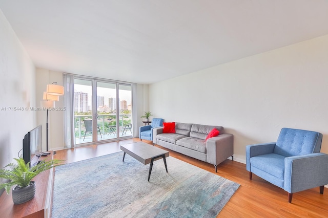 living room with floor to ceiling windows and light hardwood / wood-style flooring