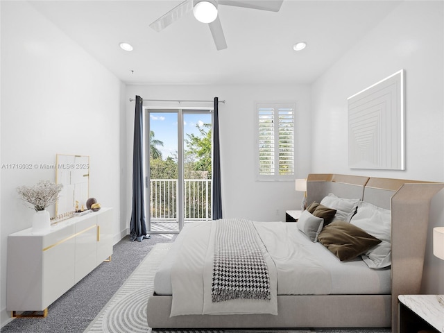 bedroom featuring ceiling fan, recessed lighting, baseboards, access to exterior, and carpet