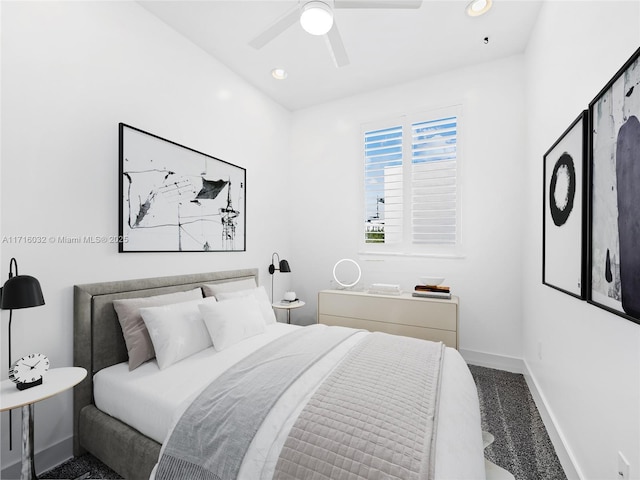 bedroom with baseboards, a ceiling fan, and recessed lighting