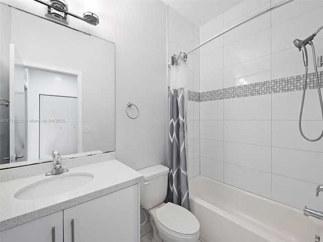 full bathroom with vanity, toilet, and shower / tub combo with curtain