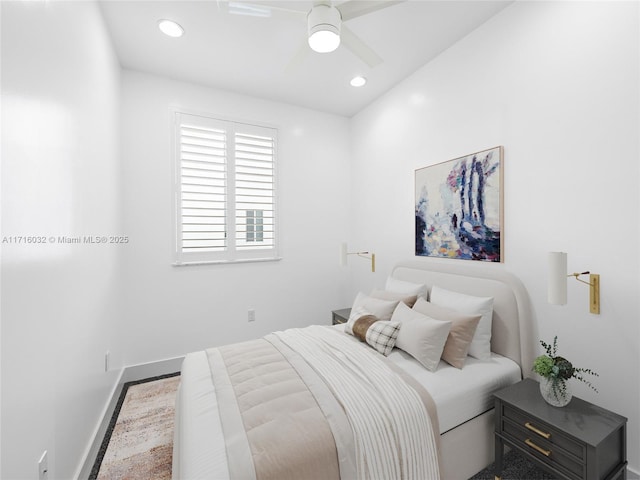 bedroom with recessed lighting, a ceiling fan, and baseboards