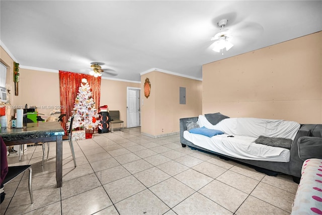 tiled living room with electric panel, ceiling fan, and ornamental molding