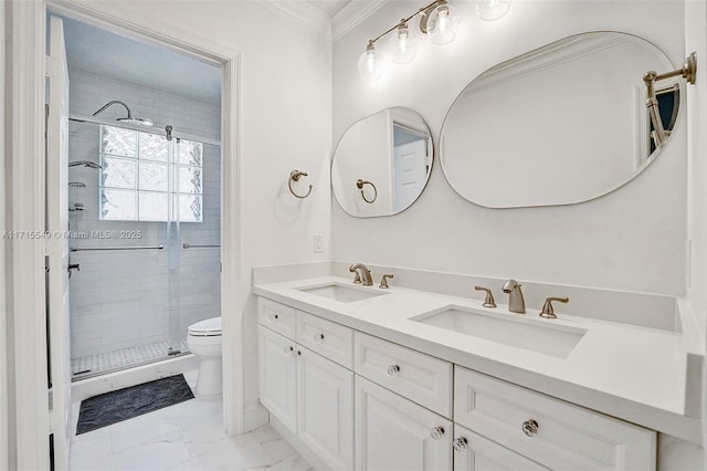 bathroom featuring crown molding, a shower with door, vanity, and toilet