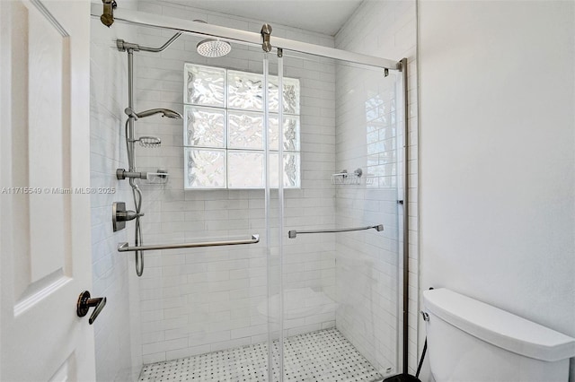 bathroom with toilet and an enclosed shower