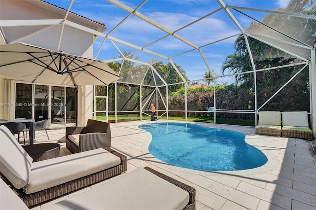 view of swimming pool with a patio and a lanai