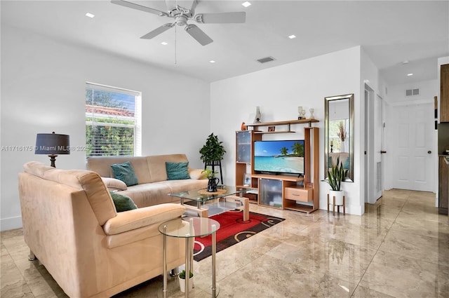 living room with ceiling fan