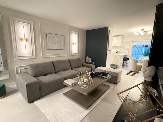 living room featuring light tile patterned flooring