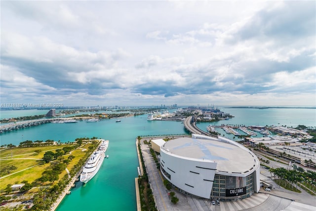 drone / aerial view featuring a water view