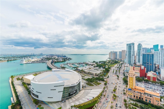 aerial view featuring a water view