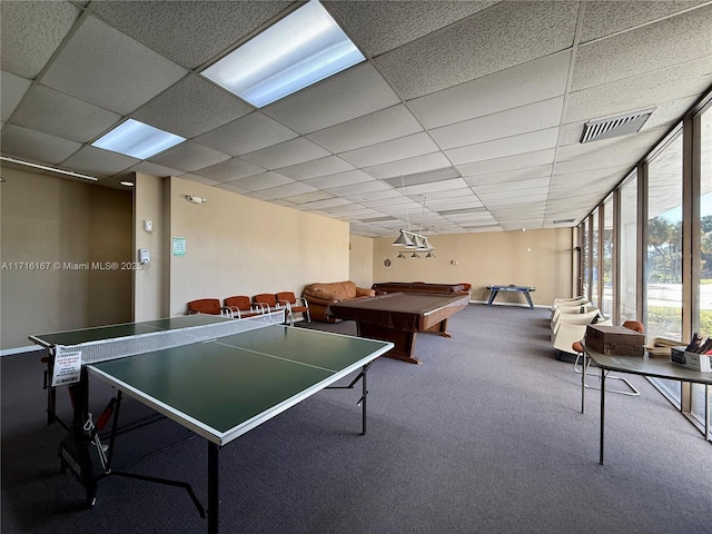 game room featuring a drop ceiling, carpet floors, and billiards