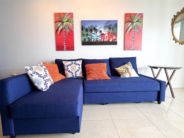 living room with tile patterned flooring