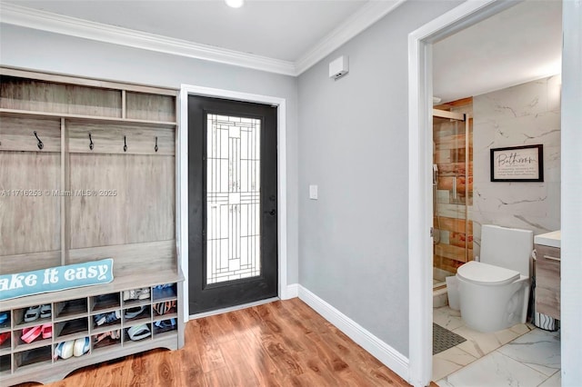 mudroom with crown molding