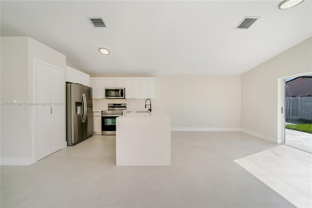 kitchen with appliances with stainless steel finishes, white cabinetry, and sink