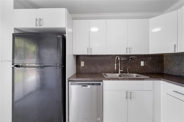 kitchen featuring dishwasher, refrigerator, white cabinetry, and sink