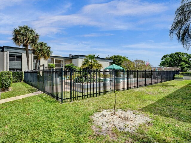view of pool featuring a yard, fence, and a fenced in pool