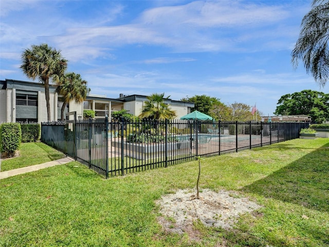 view of pool featuring a fenced in pool, a lawn, and fence