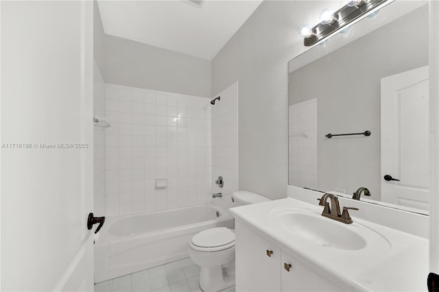 bathroom with bathing tub / shower combination, visible vents, toilet, vanity, and tile patterned floors