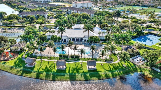 aerial view featuring a water view