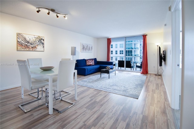 living room with expansive windows and light hardwood / wood-style floors