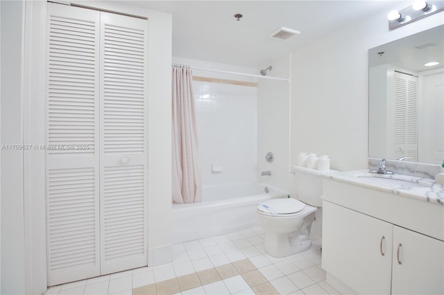 full bathroom featuring tile patterned flooring, vanity, shower / tub combo with curtain, and toilet