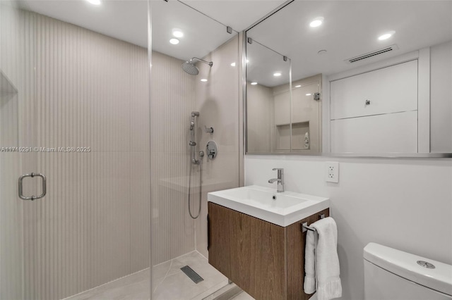 full bath with recessed lighting, visible vents, toilet, a shower stall, and vanity