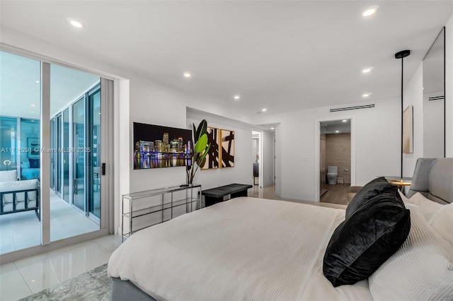 bedroom featuring access to exterior, expansive windows, ensuite bathroom, and recessed lighting