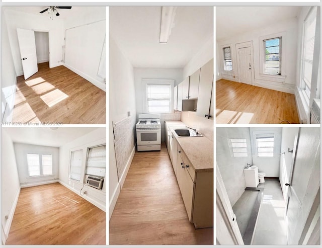 kitchen featuring cooling unit, sink, ceiling fan, light wood-type flooring, and gas stove