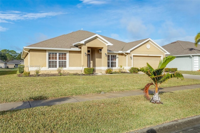 single story home with a front lawn and a garage