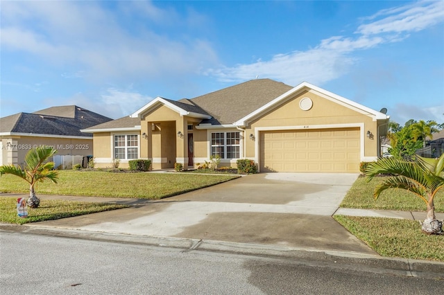 ranch-style home featuring a garage and a front lawn