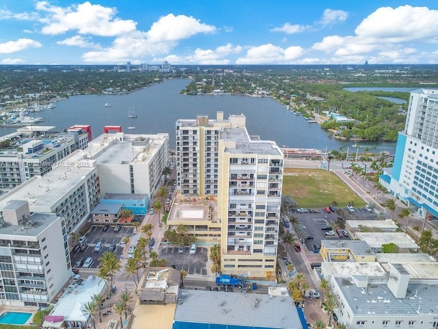 birds eye view of property featuring a water view