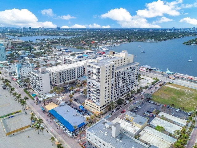 drone / aerial view with a water view