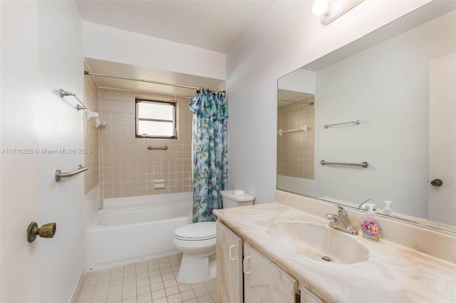 full bathroom with shower / tub combo, vanity, toilet, and tile patterned floors