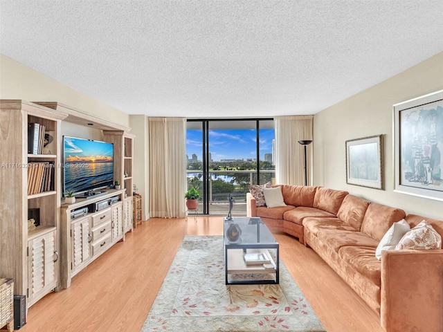 living room featuring a textured ceiling, light hardwood / wood-style flooring, and expansive windows