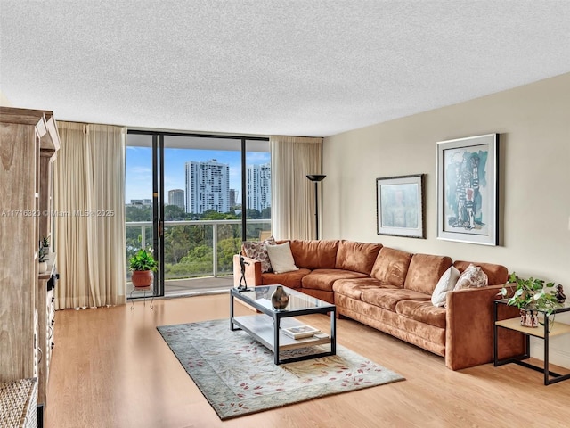 living room with a textured ceiling and light wood-type flooring