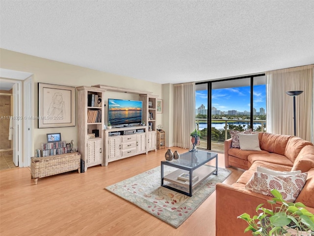 living room featuring a textured ceiling, light hardwood / wood-style floors, and expansive windows