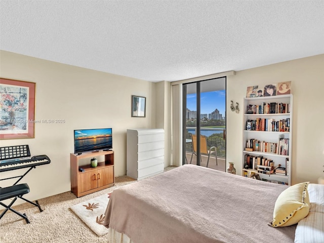 bedroom featuring carpet flooring, a textured ceiling, and access to outside