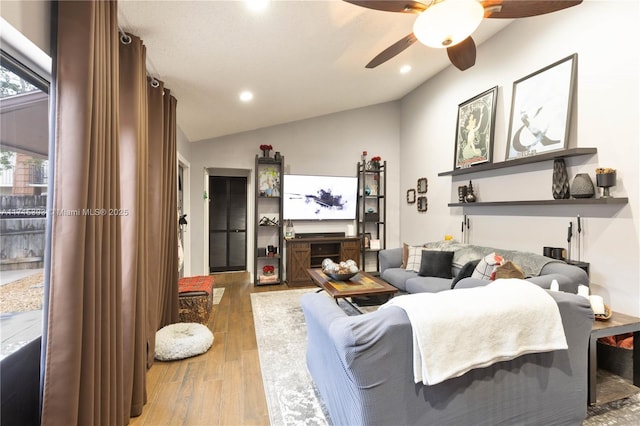151 NW 115th Ave Unit 405, Plantation, FL 33325 - living area featuring vaulted ceiling, wood-type flooring, a ceiling fan, and recessed lighting