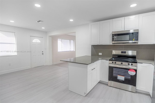 kitchen with white cabinetry, stainless steel appliances, backsplash, kitchen peninsula, and light wood-type flooring