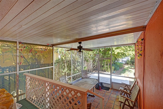 sunroom with wooden ceiling and ceiling fan